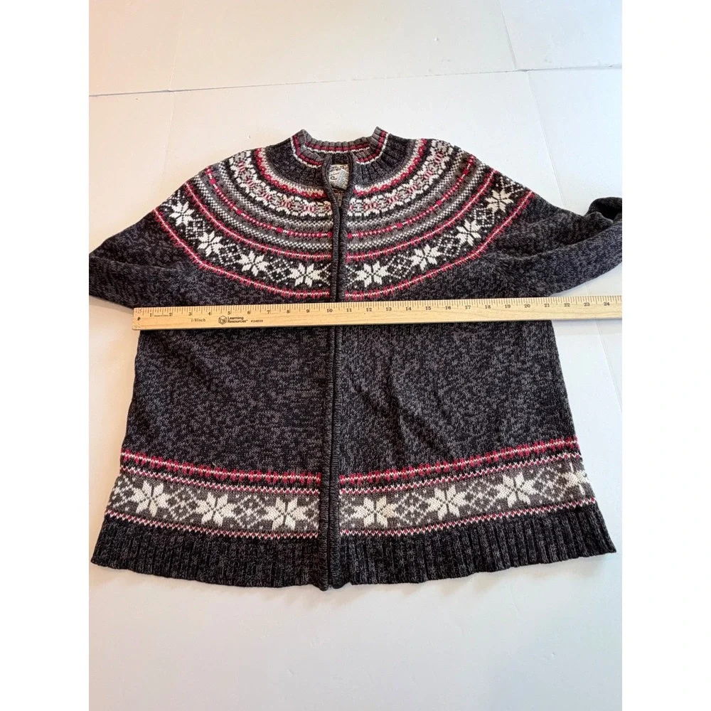 Heirloom Collectibles Womens Fair Isle Zip Cardigan Sweater Gray Red Snowflake L